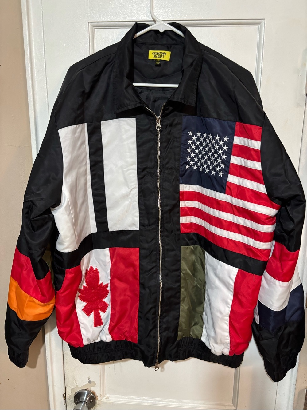 CHINATOWN MARKET Patchwork Flag Bomber Jacket - Black/Red/White MENS.